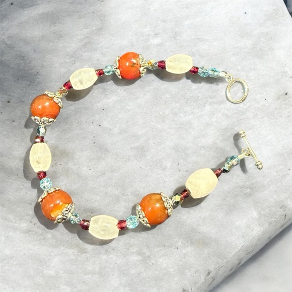 Hand Crafted Jewelry - Handcrafted Quartz & Red Agate Beaded Bracelet